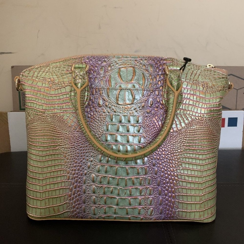 Brahmin Purple and Green Crocodile Textured Satchel